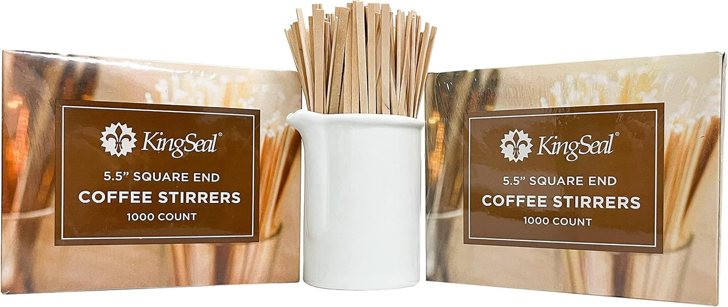 2000 Count | KingSeal Natural Birch Wood Coffee Stirrers, Stir Sticks, 5.5 Inch, Square End, Earth-Friendly, Biodegradable - 2 Boxes x 1000 Stirrers