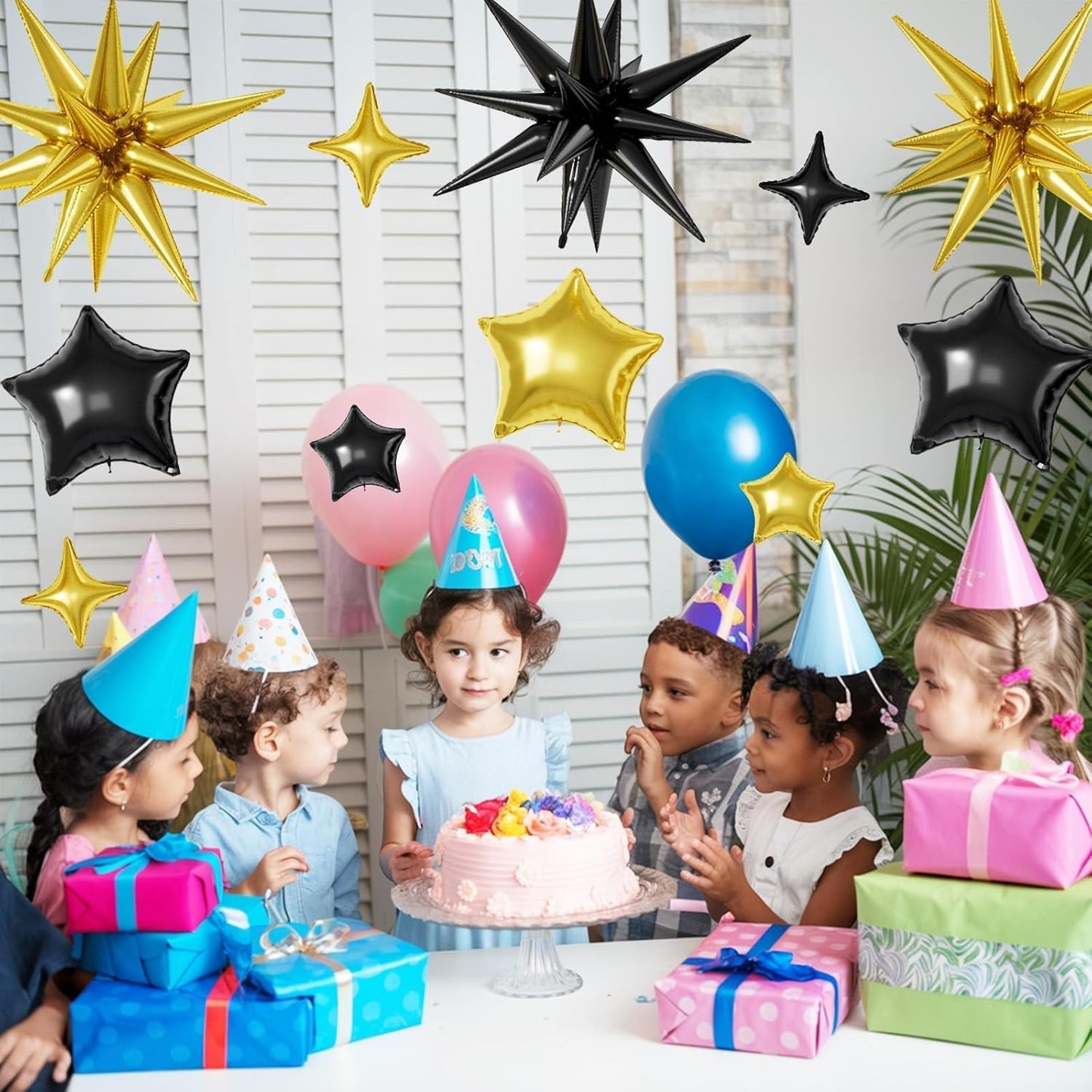 16 Pcs Black Gold Star Balloons, 22/18/10 Inch Foil Balloons, Four-Pointed Balloon for Kids Birthday Anniversary New Year Wedding Baby Shower Party Decorations