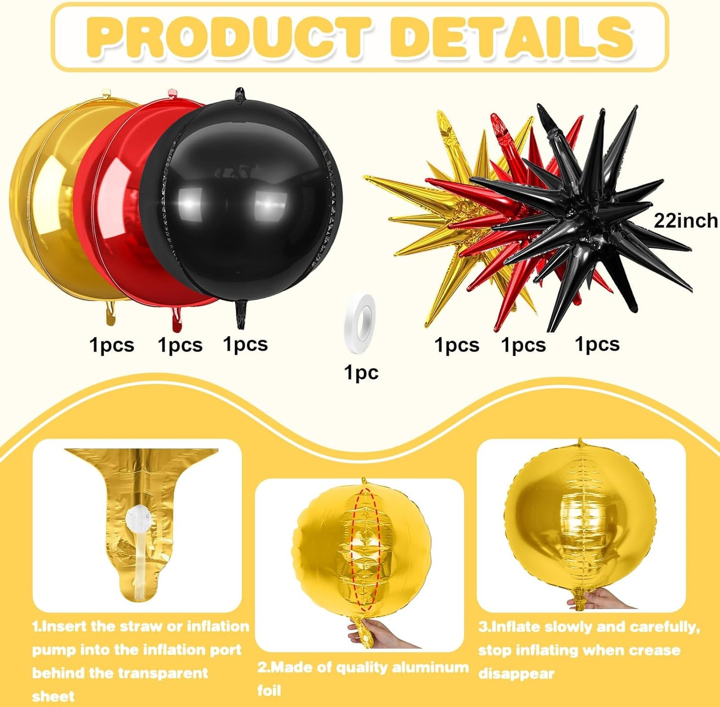6Pcs Black Red Gold Foil Balloons,22Inch Black Gold Red 4D Round Ball Balloon and Explosion Star Balloon for Birthday Wedding Baby Shower Anniversary Party Decorations
