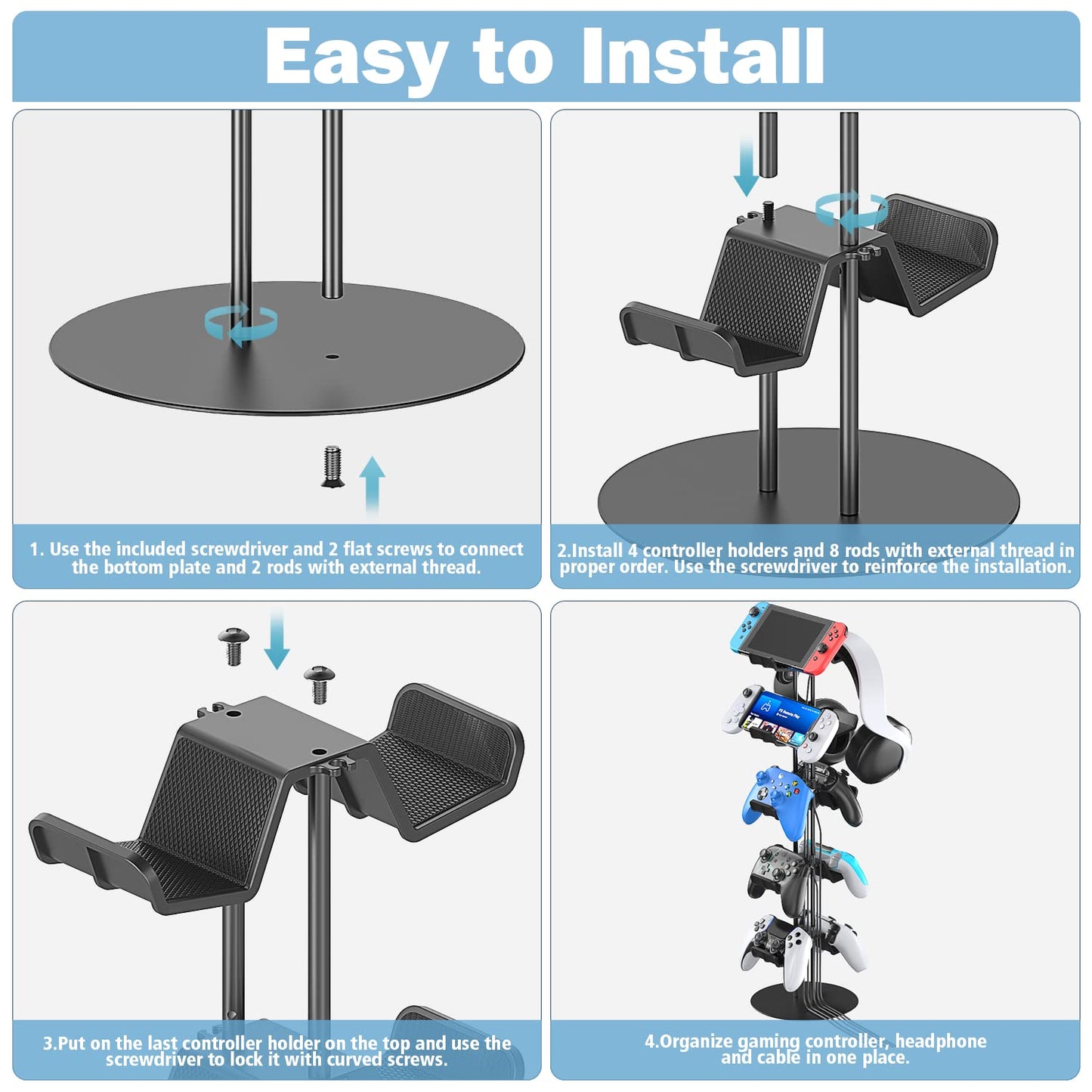 Kytok Gamer Gifts, Headset Stand 5 Tiers with Cable Organizer, Controller Stand Compatible with PS5/Xbox/Nintendo Switch/PS Portal/PS4, Headset Holder & Controller Holder for 10 Packs Controller