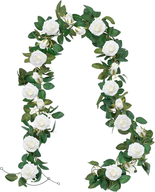 U'Artlines 3 Pack Artificial White Rose Vines Floral Garlands Total 19.5 Ft Fake Vine Silk Flower Garland for Indoor Outdoor Home Wedding Arch Garden Wall Decoration
