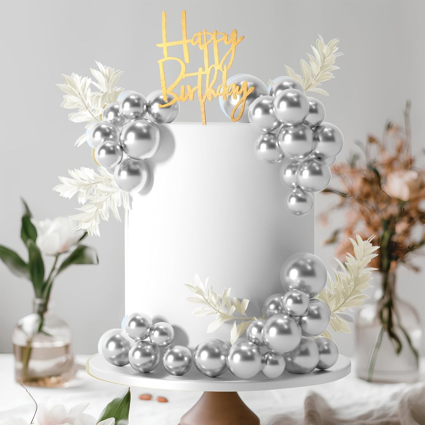 MIAHART Ball Cake Toppers Boho Grass Cake Topper Ball Cake Insert Decoration for Birthday Wedding Baby Shower Party Decorations Boho Themed Party Supplies (Silver)