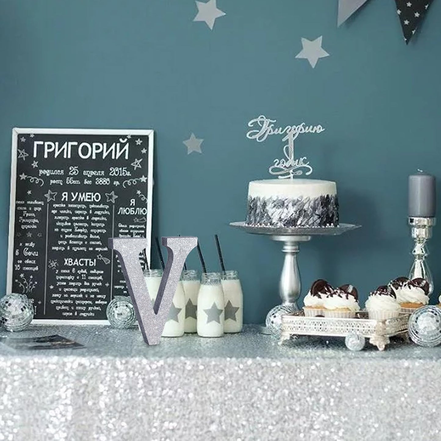 TONIFUL 8 Inch Silver Glitter Letter V Table Centerpiece A-Z Silver Birthday Party Decorations,Silver Alphabet V for Birthday,Chrismas,Graduation,Bridal Shower,Wedding,Anniversary Party Supplies