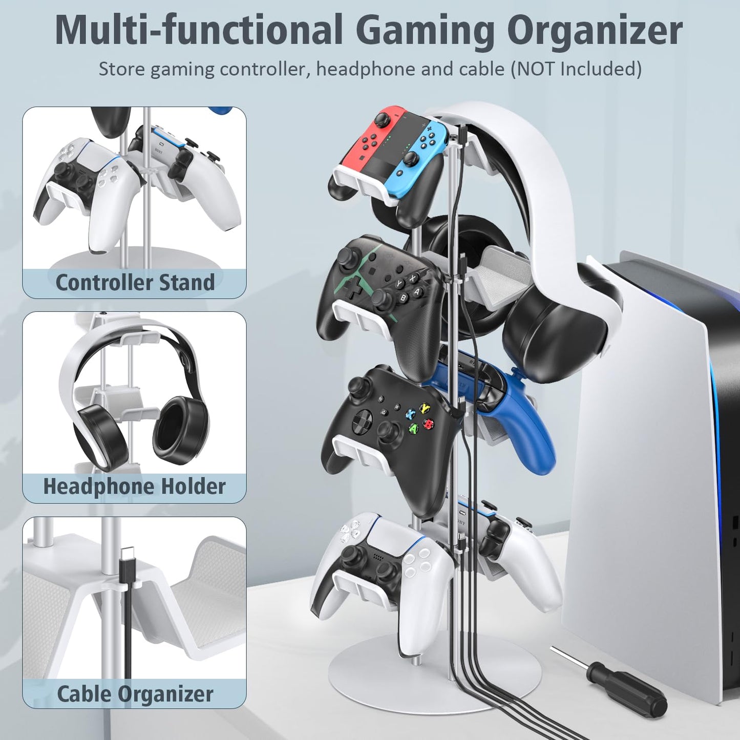 Kytok Gamer Gifts, Headset Stand 4 Tiers with Cable Organizer, Controller Stand Compatible with PS5/Xbox/Nintendo Switch/PS Portal/PS4, Headset Holder & Controller Holder
