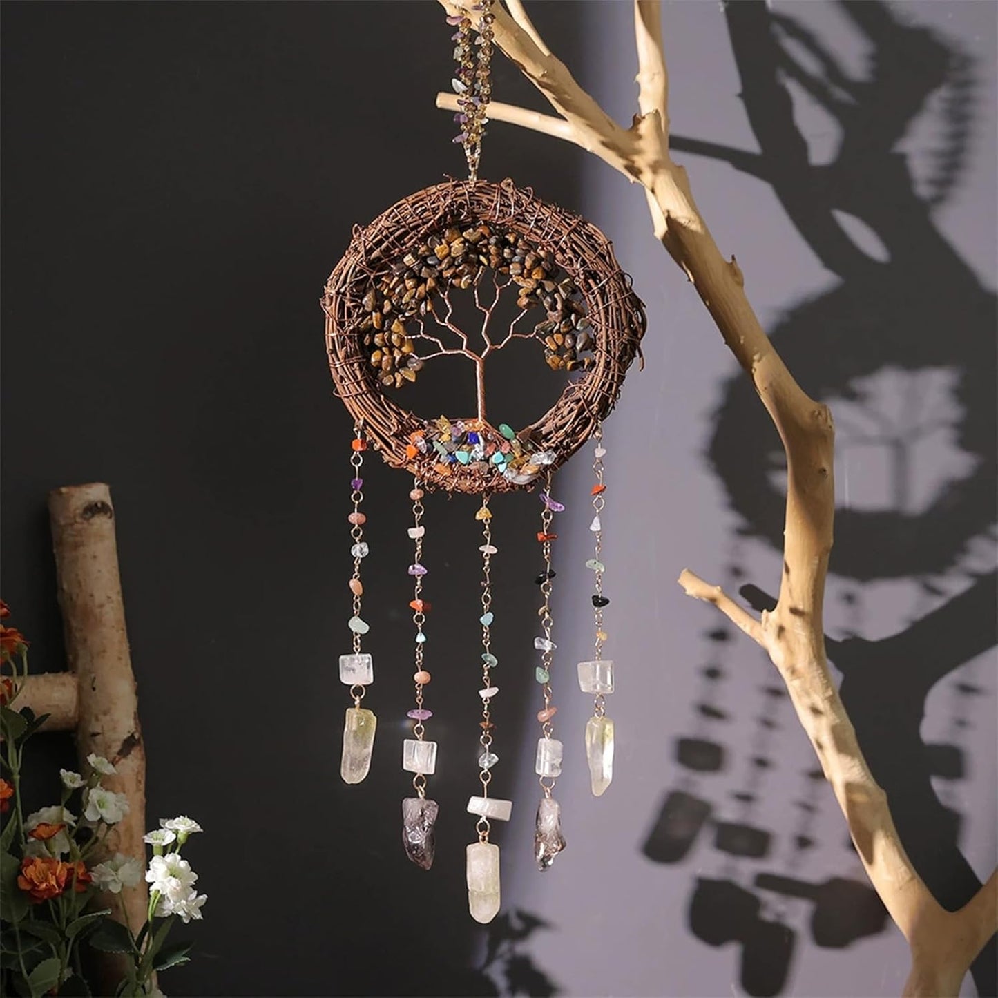 TUOKING Crystal Suncatchers for Window Tree of Life Brown Crystals Vine Wreath Sun Catchers Rainbow Maker Ornament Gift Home Garden Decoration
