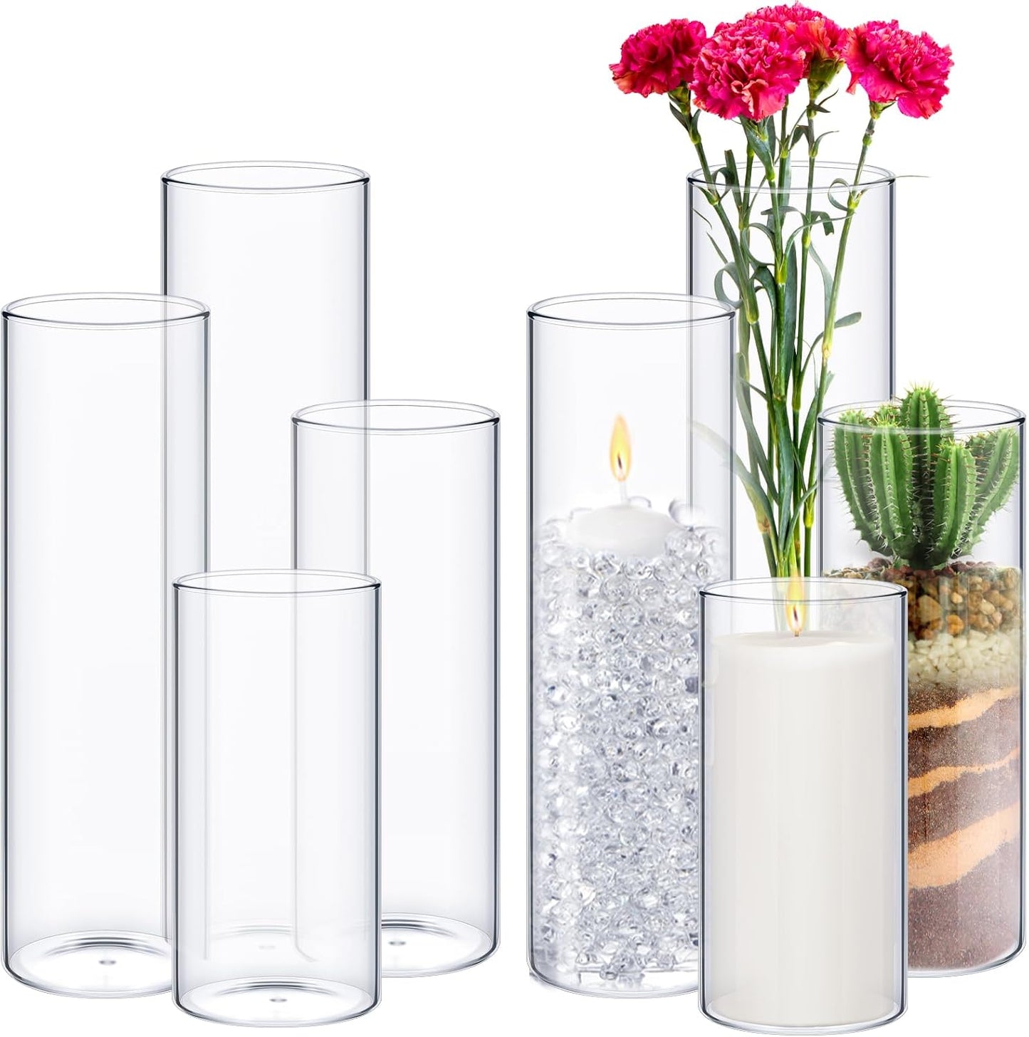 Sawysine 8 Pcs Glass Cylinder Vases 2.5''/2.95''/3.9'' Diameter Clear Flowers Vase Hurricane Floating Candles Holders for Table Centerpieces (2.95 x 6 in,2.95 x 8 in,2.95 x 10 in,2.95 x 12 in)
