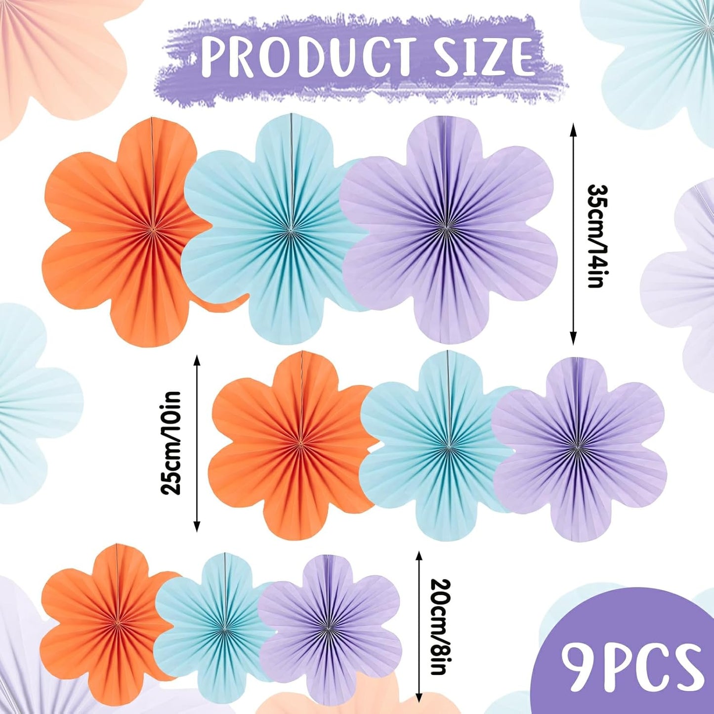 Paper Flowers Decorations for Wall Blue Paper Fans Classroom Decoration Floral Backdrop Decor Hanging Pink Flower Wall Decor, Set of 9