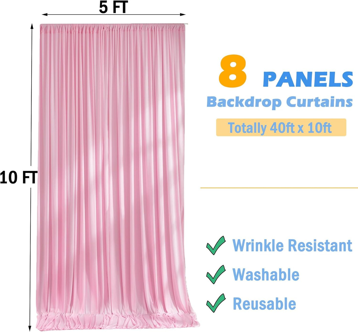 40ftx10ft Pink Backdrop Curtains for Parties, Wrinkle Free 8 Panels Silky Polyester Photo Backdrop Drapes Back Drop Cloth for Wedding Birthday Photography Baby Shower Decor
