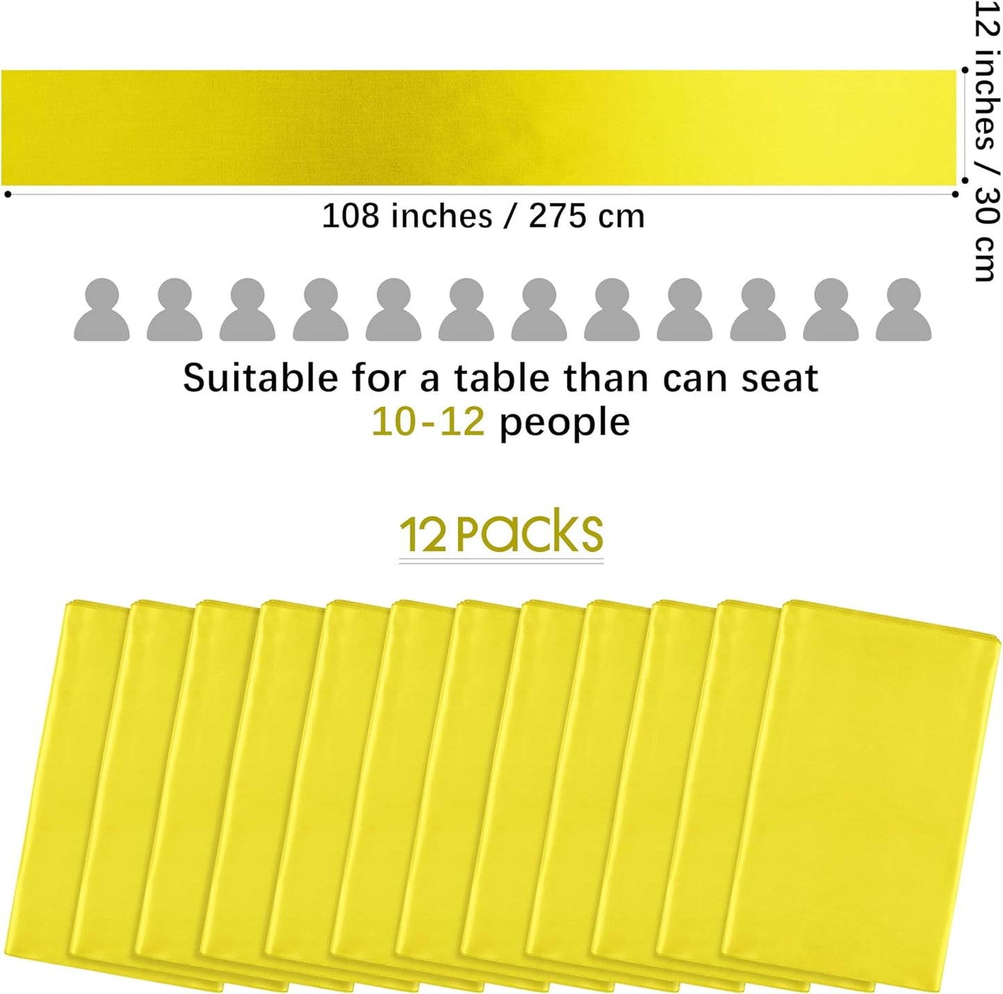 Aneco 12 Pack Satin Table Runner 12 x 108 Inch Yellow Long Wedding Satin Silk Table Runner for Wedding Banquet Graduations Birthday Party Decoration