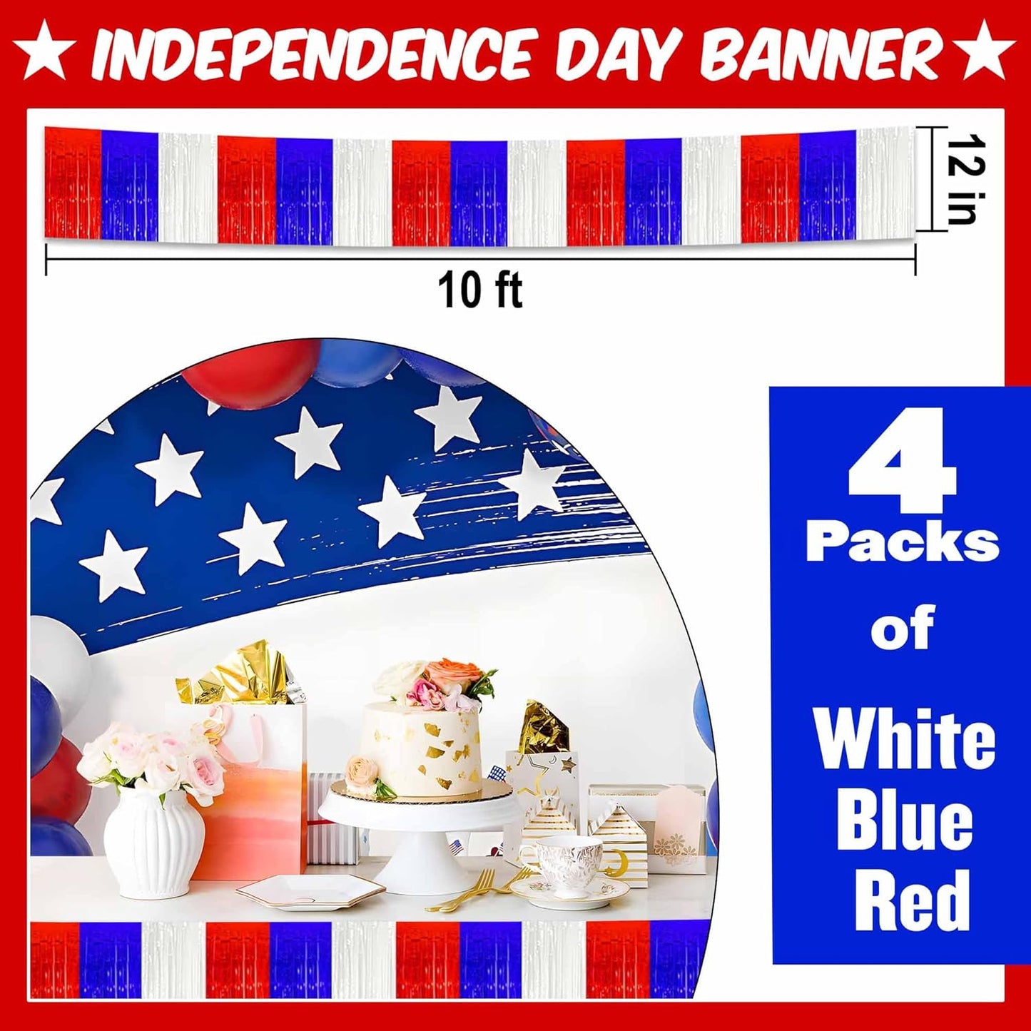 4 Pack 10 Ft White Blue Red Foil Fringe Garland Metallic Streamers Tinsel Banner Wall Hanging Garland Backdrop for Parade Floats, Halloween, Christmas, Thanksgiving, New Year Party Decorations