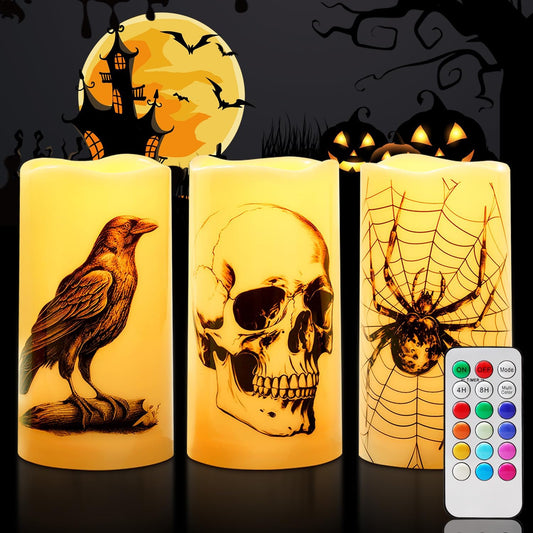 Homemory Halloween Candles, Color Changing Flameless Candle, Battery Opeated Candle, Outdoor Waterproof Plastic Candle with Remote and Timers, Skull, Crow, Spider, 13 Colors, Set of 3