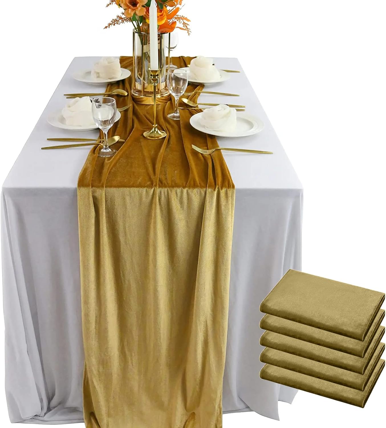 Velvet Table Runner, 5 Pack Luxurious Wedding Reception Decorations Soft Velvet Fabric Table Linen Overlay for Party (20 x 120 inch, Gold)
