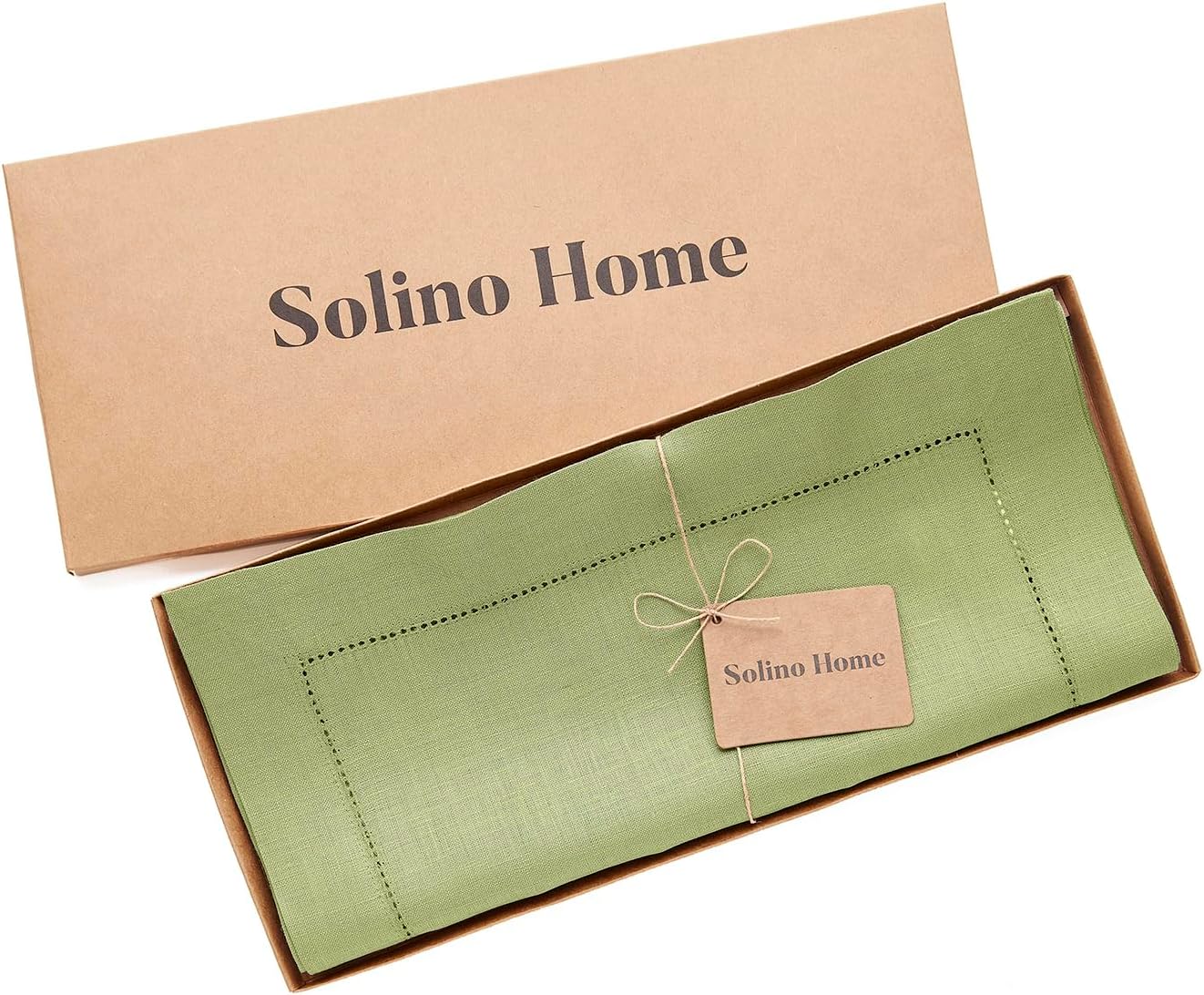 Solino Home Linen Moss Green Hemstitch Table Runner 48 Inches - 100% Pure Linen Small Table Runner 14 x 48 Inch Ideal for Dresser and Coffee Tables - Classic Hemstitch - Fall, Halloween, Thanksgiving
