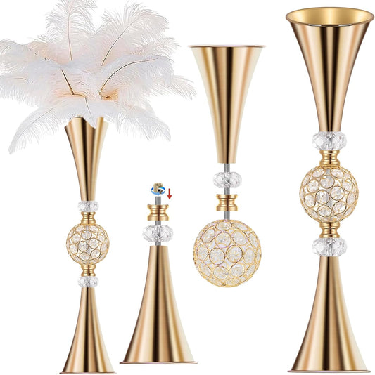 VIJIV Gold Crystal Flower Vases for Centerpieces Tables - Tall Trumpet Vase for Bouquet Decorative, Dining Table Décor Flower Stand with Ribbed Texture for Events, Bridal Showers & Boho Weddings