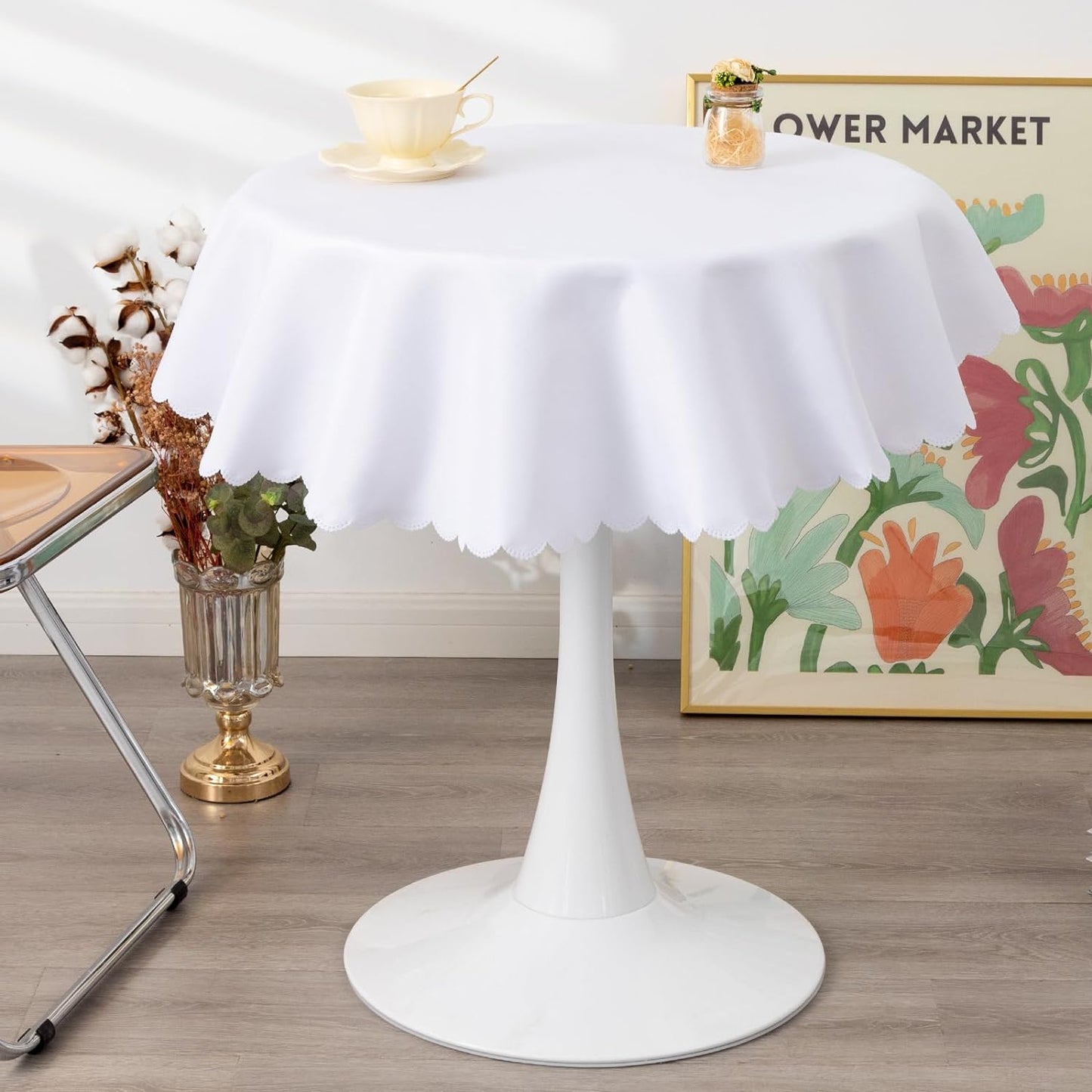 Round White Tablecloth 48 Inch Polyester Fabric Washable Table Cloth Decorative Wrinkle Resistant Solid Color Table Cover for Kitchen Dinning Party Wedding Camping