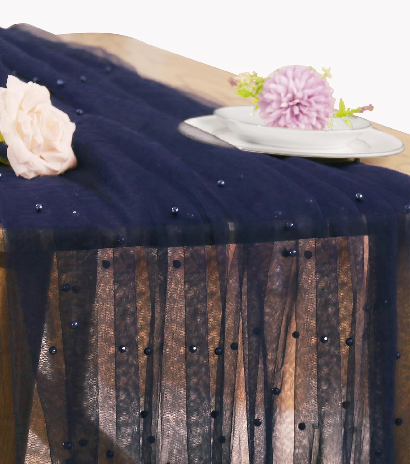 Pearl Table Runner 29 x 120 Inch Tulle Fabric Lace Table Runners Boho Rustic Tablecloth for Bridal Shower Birthday Party Wedding Arch Aisle Veil Dessert Table Decor(1 Pack, Navy Blue)