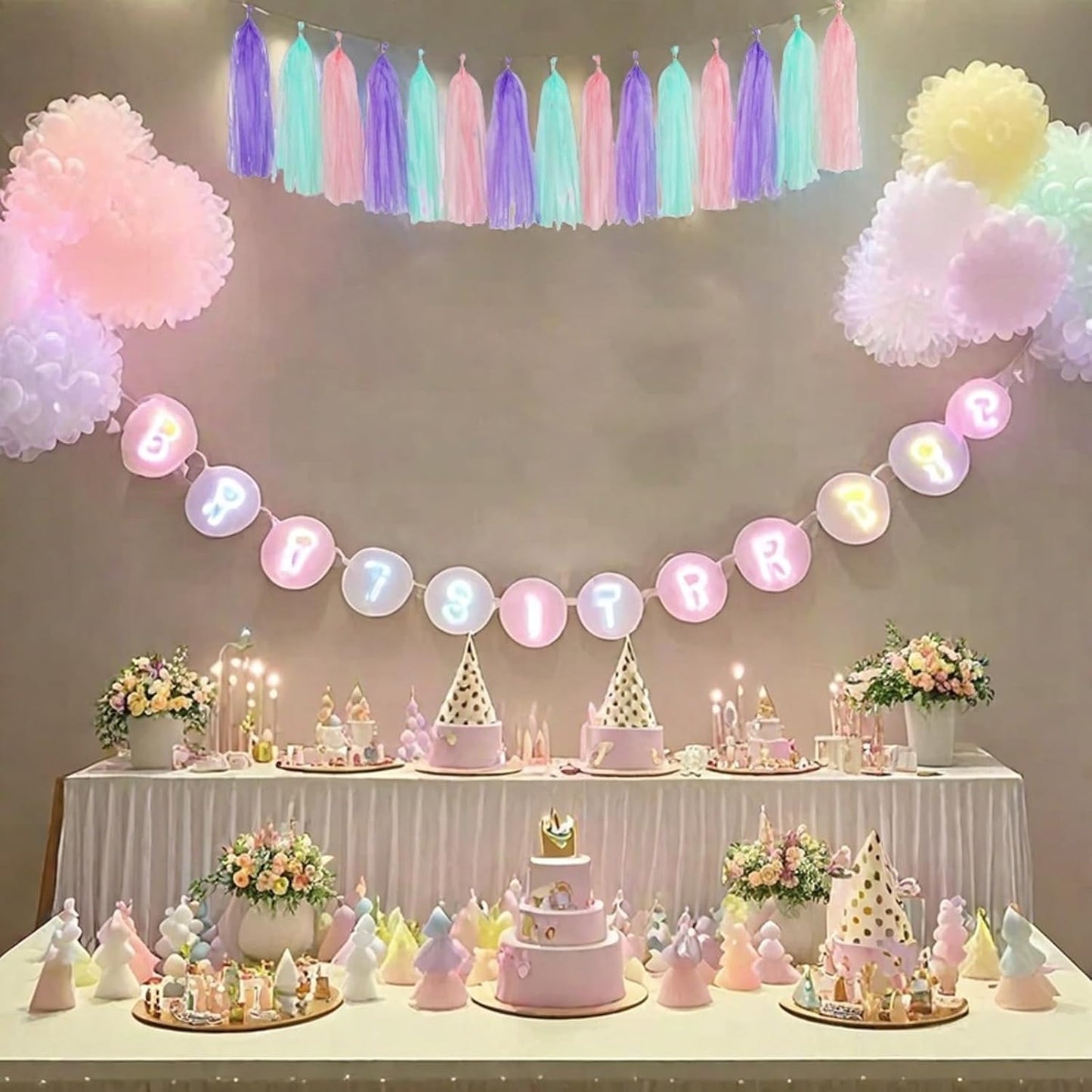 Pink Purple and Blue Tassel Garland Banner Paper Tassels for Birthday Party Decorations,Pack of 15