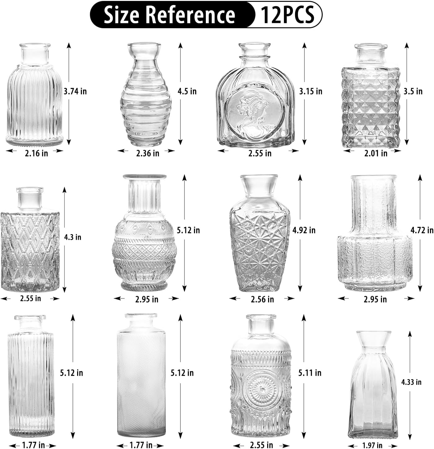 Glass Bud Vase Set of 12, Clear Bud Vases in Bulk, Small Flower Vases for Table Centerpieces, Mini Vintage Vases for Rustic Wedding Party, Bridal Shower, Home Decoration (12 Pack)