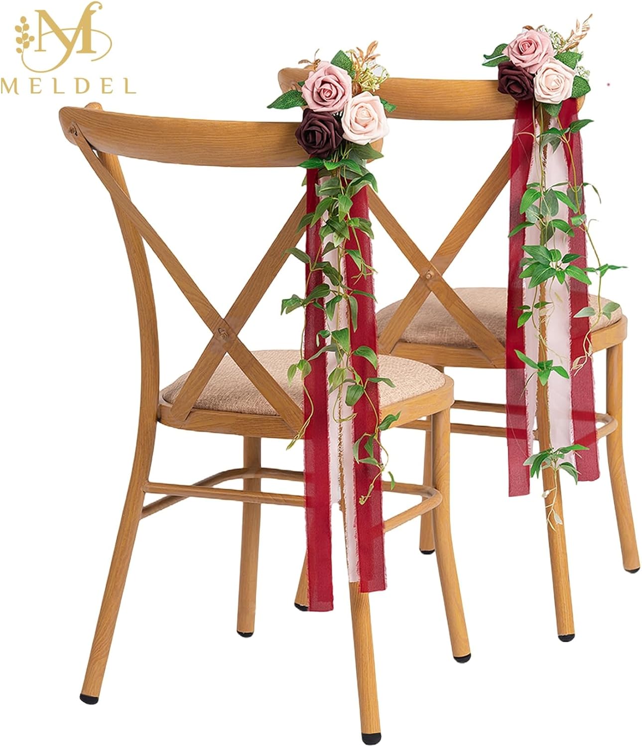 Meldel Wedding Aisle Decorations for Ceremony 10 Pcs/Set Burgundy Pink Rose Garland with Hanging Ribbons Church Chair Decorations Party Decor Arrangement Wedding Pew Decor Flower