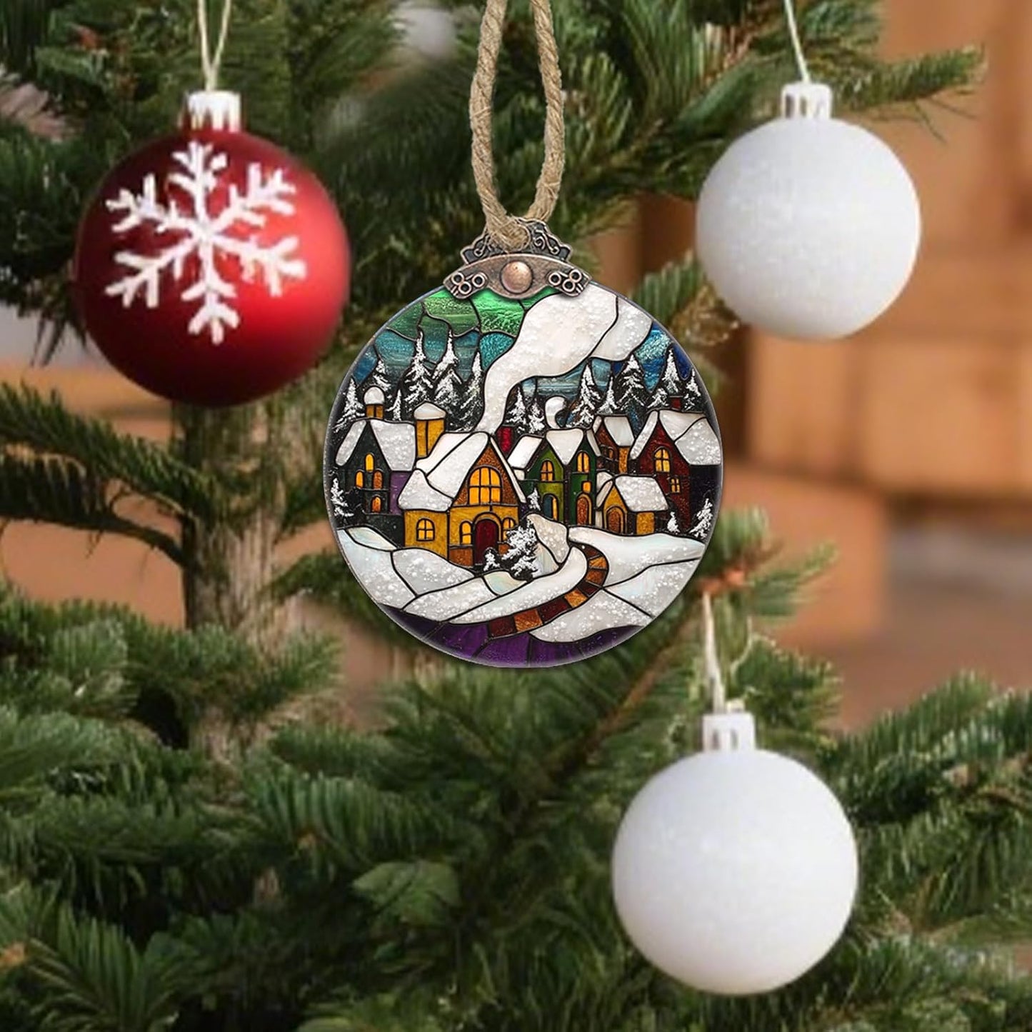 Stained Glass Christmas Decorations, Winter Snow Cabin Suncatcher for Window Christmas Tree Hanging Ornaments Retro White Sun Catcher Xmas Decor Gifts for Women Men Mom Nana Friend