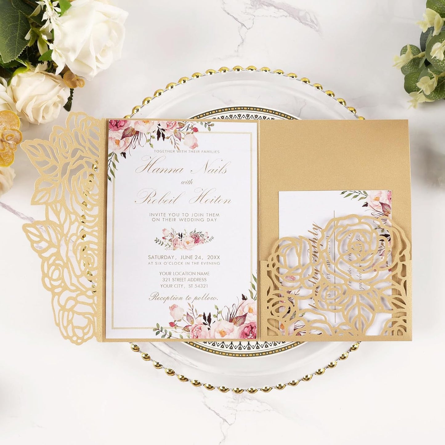 50pcs Gold Laser Cut Wedding Invitations Card Pocket with Envelope and RSVP Cards 5x7 '' Tri-Fold Wedding Invitation Kit for Wedding Engagement Bridal Shower Birthday Quinceanera Party Invite