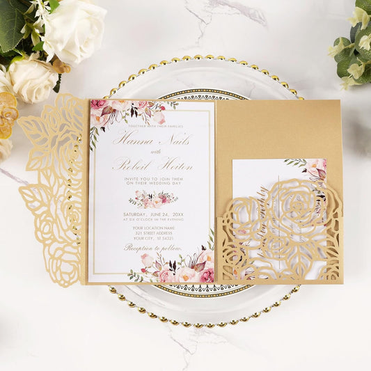 50pcs Gold Laser Cut Wedding Invitations Card Pocket with Envelope and RSVP Cards 5x7 '' Tri-Fold Wedding Invitation Kit for Wedding Engagement Bridal Shower Birthday Quinceanera Party Invite