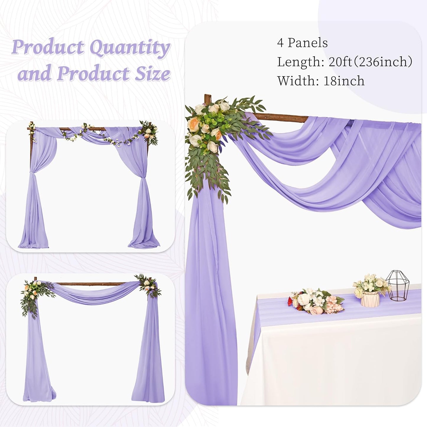 4 Panels Wedding Arch Draping Fabric 28" x 20 Ft Wedding Arch Drapes Chiffon Fabric Drape Sheer Backdrop Curtain for Weddings Party Ceremony Birthday Arbor Drapery Reception Ceiling Decor(Lavender)