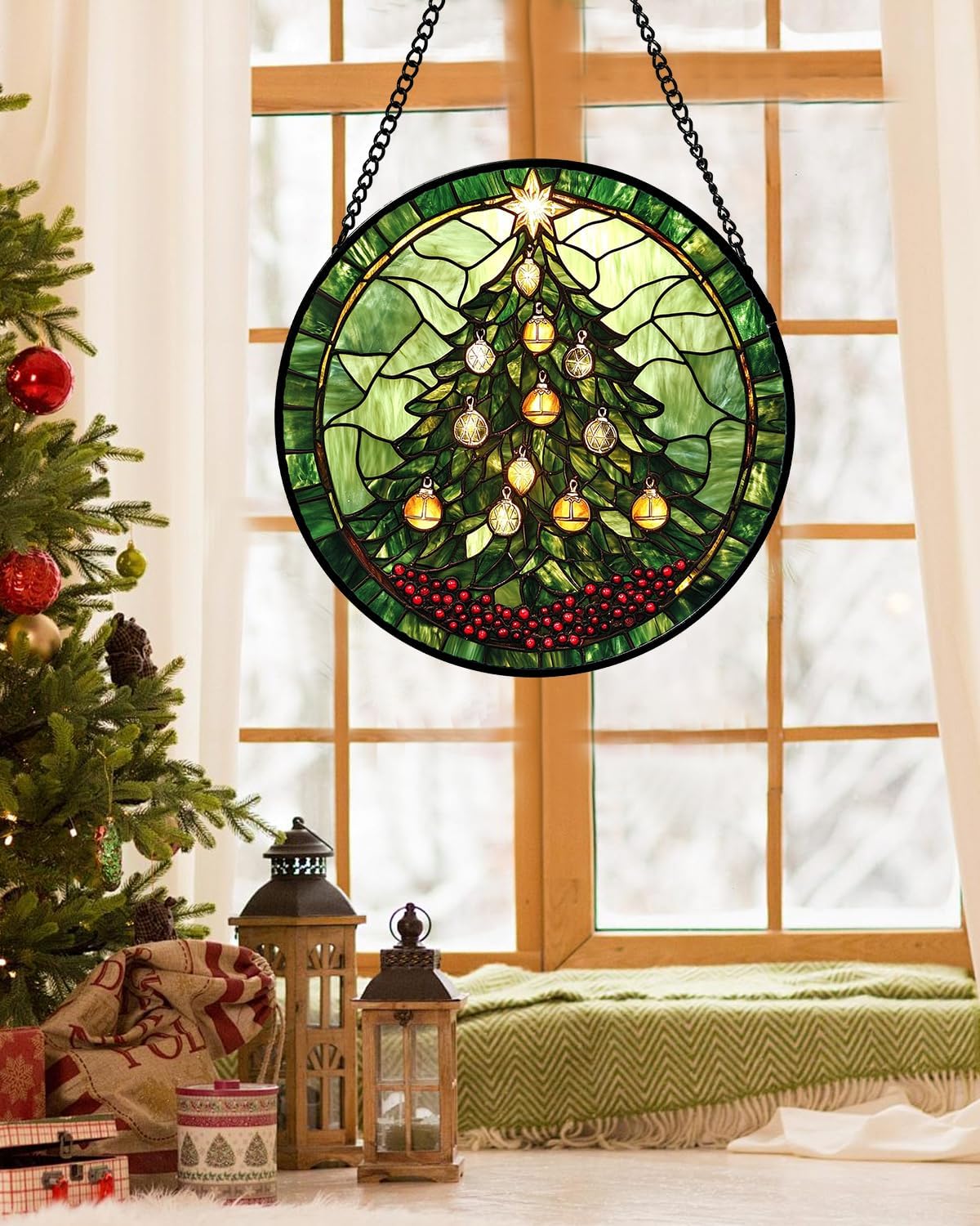 Stained Glass Window Hanging - Green Christmas Tree Golden Bells Suncatcher for Doors Home Christmas Decoration Sun Catcher Thanksgiving New Year Birthday Gift for Women Men Mom Nana 6.3 in