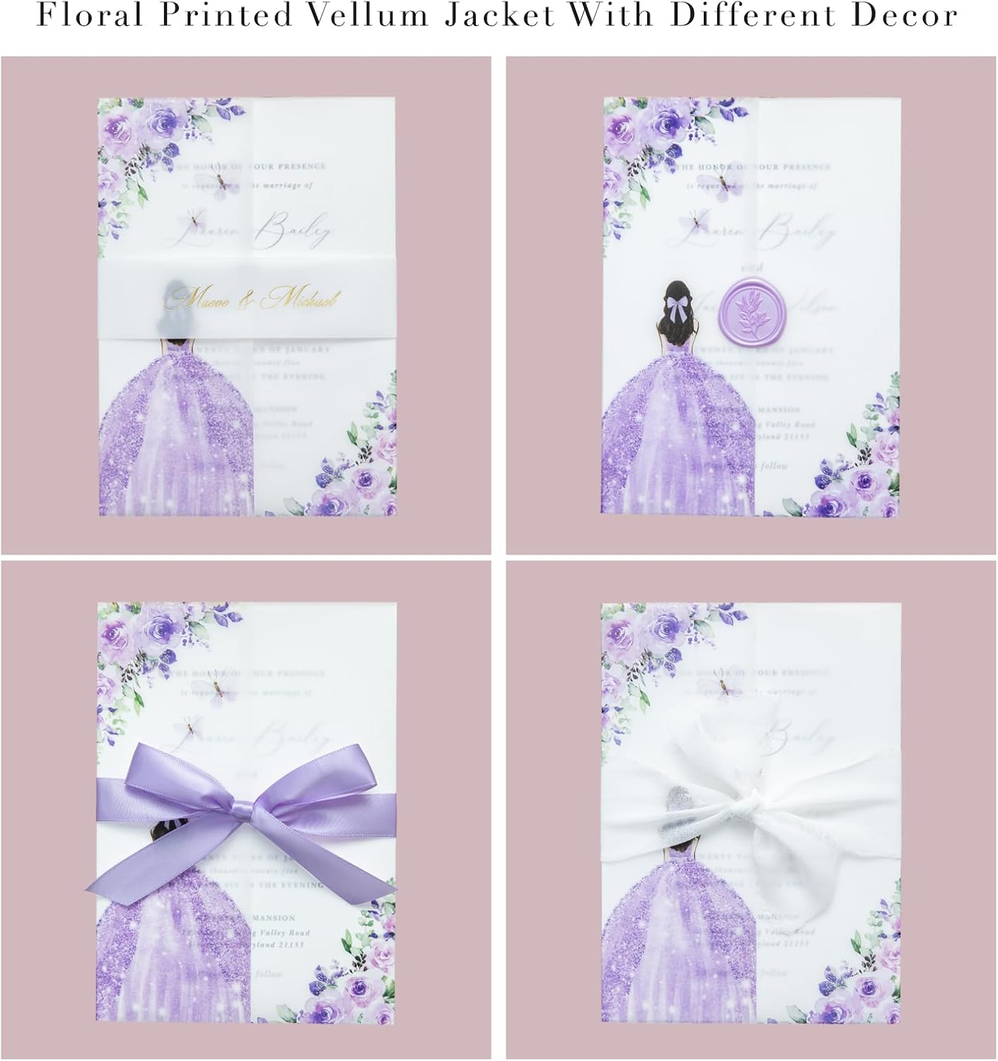 PONATIA 50 PCS Vellum Jackets for 5x7 Invitations - Vellum Paper 5x7 Jackets - 135GSM Purple Girl Flowers Quinceanera Invitation Transparent Wraps (Purple Girl)