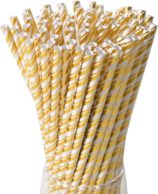 Gold Straws Disposable Cocktail Drinking Paper Straws for Party, Wedding, Baby Shower, Birthday, 100 Bulk