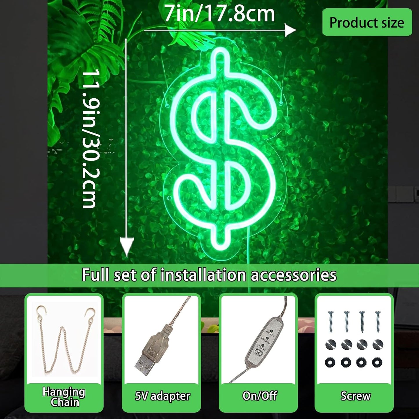 Dollar Neon Sign Money Neon Signs for Wall Decor Dollar Sign Decorations Dollars Money Obsessed Decorations LED Green Light for Bar Bedroom Party Love Money Wall Decoration, 11.9" x 7"