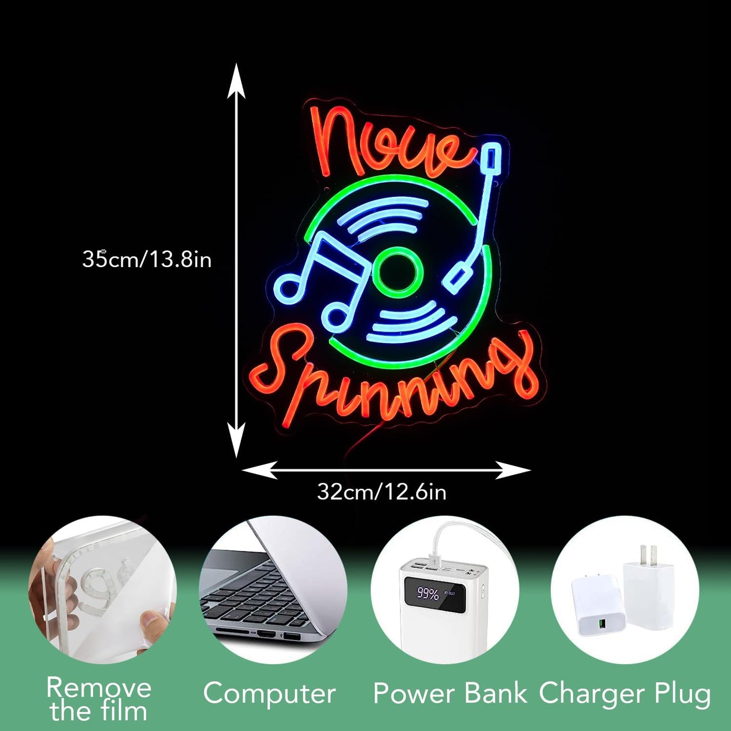 Record Neon Sign Led Music Sign Neon Light for Wall Decor Dimmable Now Spinning Sign Record Neon Signs for Record Store Live Music Bar Party (12.6”*13.7”)