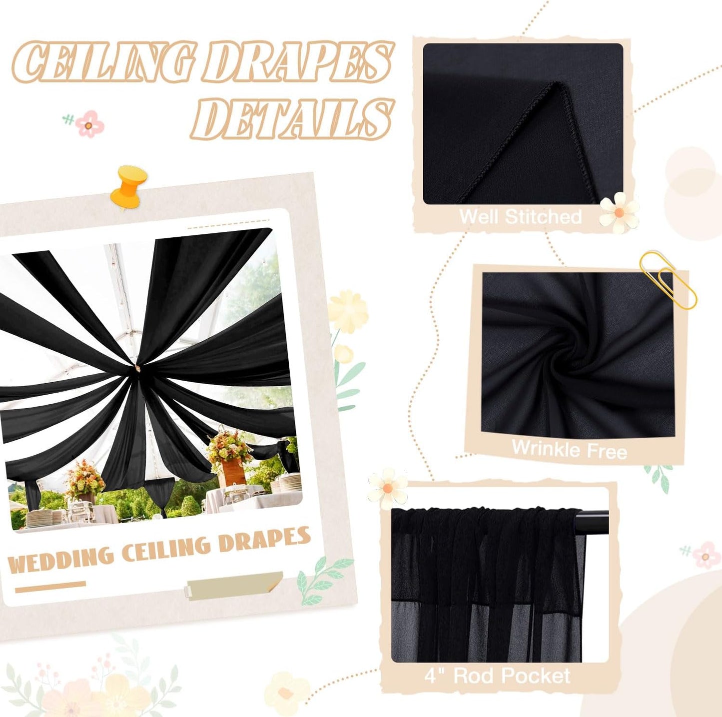 FUHSY Ceiling Drapes Black Wedding Arch Draping Fabric 5FTx20FT Chiffon Curtains 2 Panels Tent Drapes for Events Sheer Backdrop Drapes Wedding Arches for Ceremony Canopy Ceiling Curtains Tulle Drapery