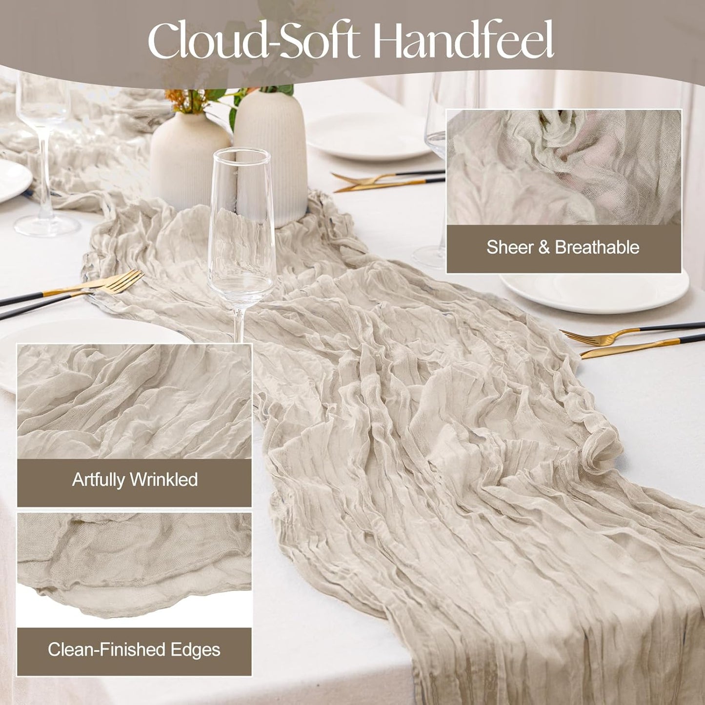 2 Pcs Begie Cheesecloth Table Runner - 120 inch 10FT Boho Rustic Gauze Cheese Cloth Table Runner Decor for Spring Summer Party Wedding Birthday Baby Bridal Shower Home