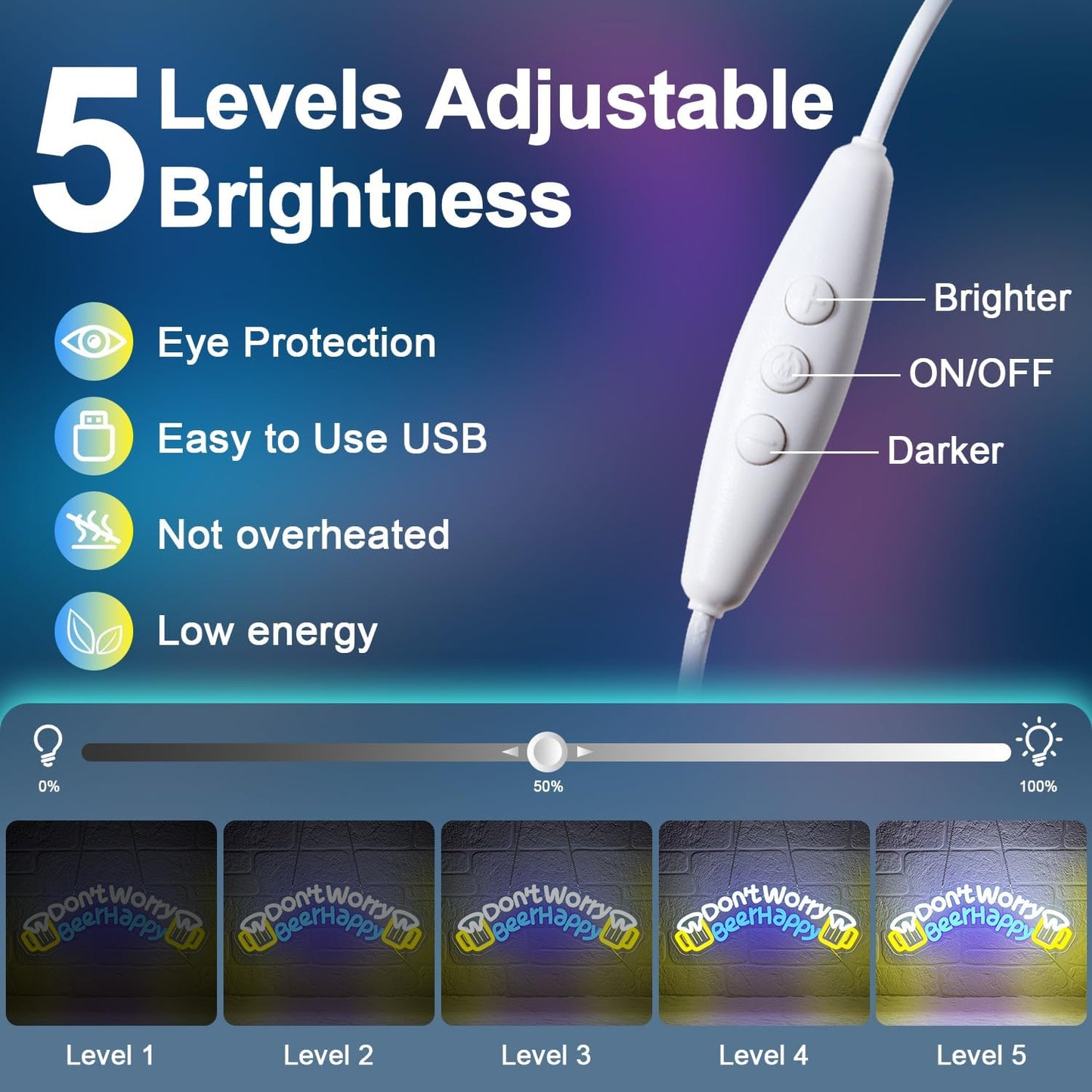 Don't Worry Beer Happy Neon Sign,Bar Sign,Beer Neon Sign,USB Powered with Dimmable Switch,Neon Signs for Wall Decor for Bar,Club,Party,Neon Signs for Man Cave