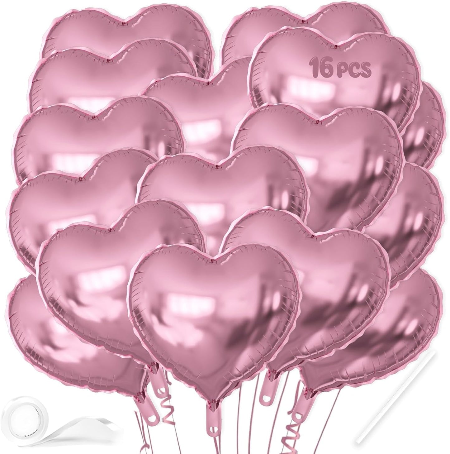 16 Pcs Heart Balloons, 18 Inch Pink Love Heart Shaped Foil Balloons for Wedding Anniversary Birthday Party Valentine Decorations Baby Shower Bridal Shower Engagement Decorations Supplies