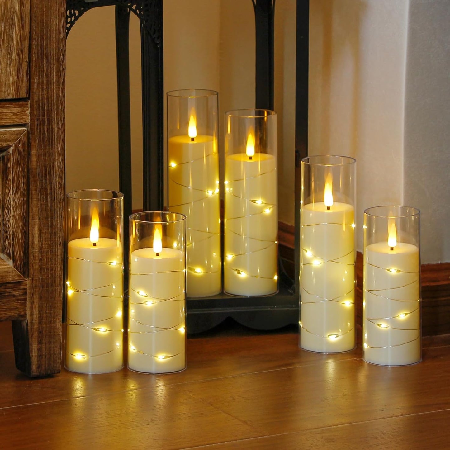 Ivory Flameless Candles with Remote and String Light, 2.2"x 5",5",6",7",7",8" LED Battery Operated Plastic Flickering Timer Pillar Candles(Pack of 6,Turn On/Off String Light Mode)