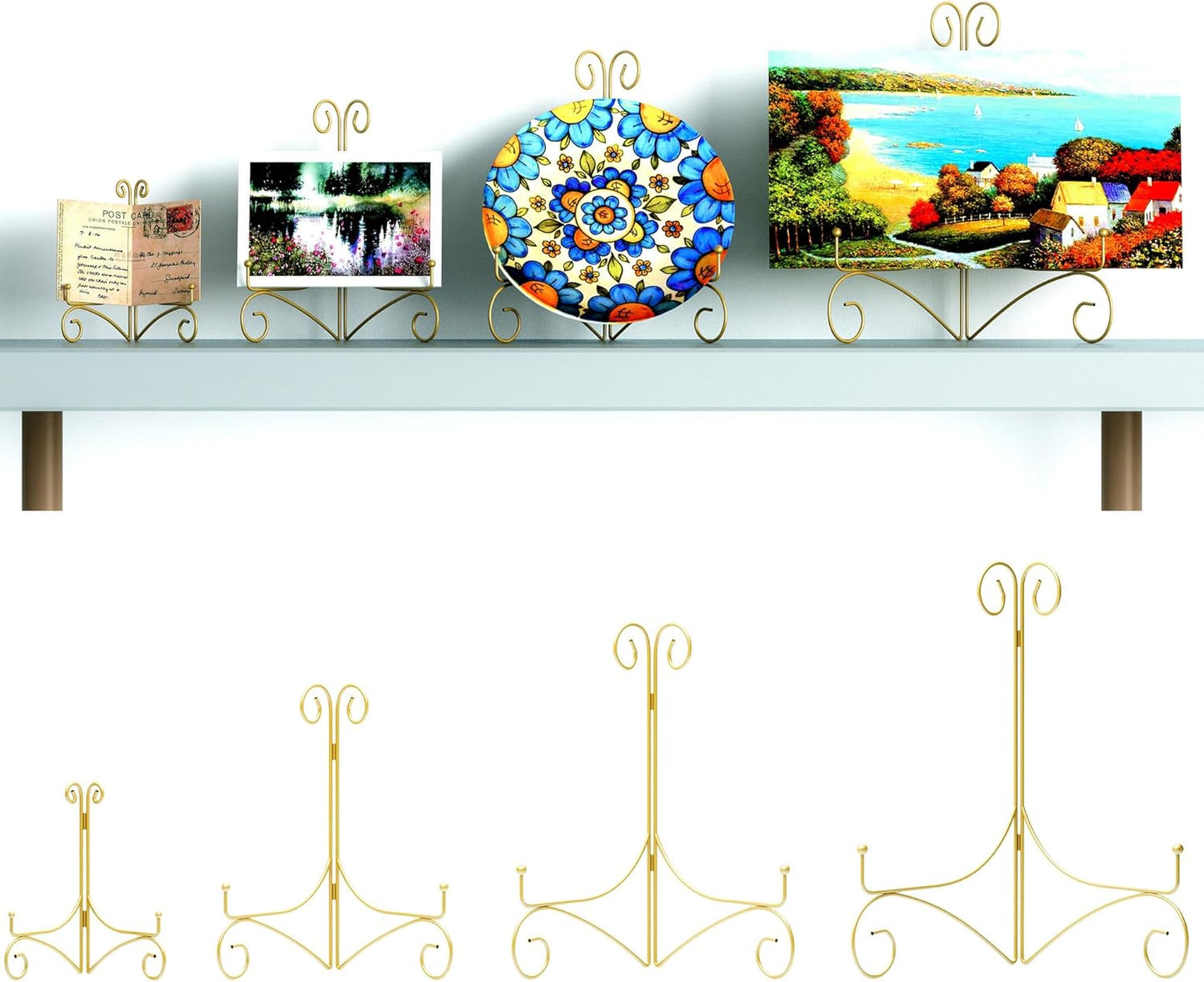 Plate Display Stands with Hinged Folding Design, 8 Inch Picture Frame Stand for Tables, Decorative Easels for Plates, Photos, Cards and Books, 8’’ Gold