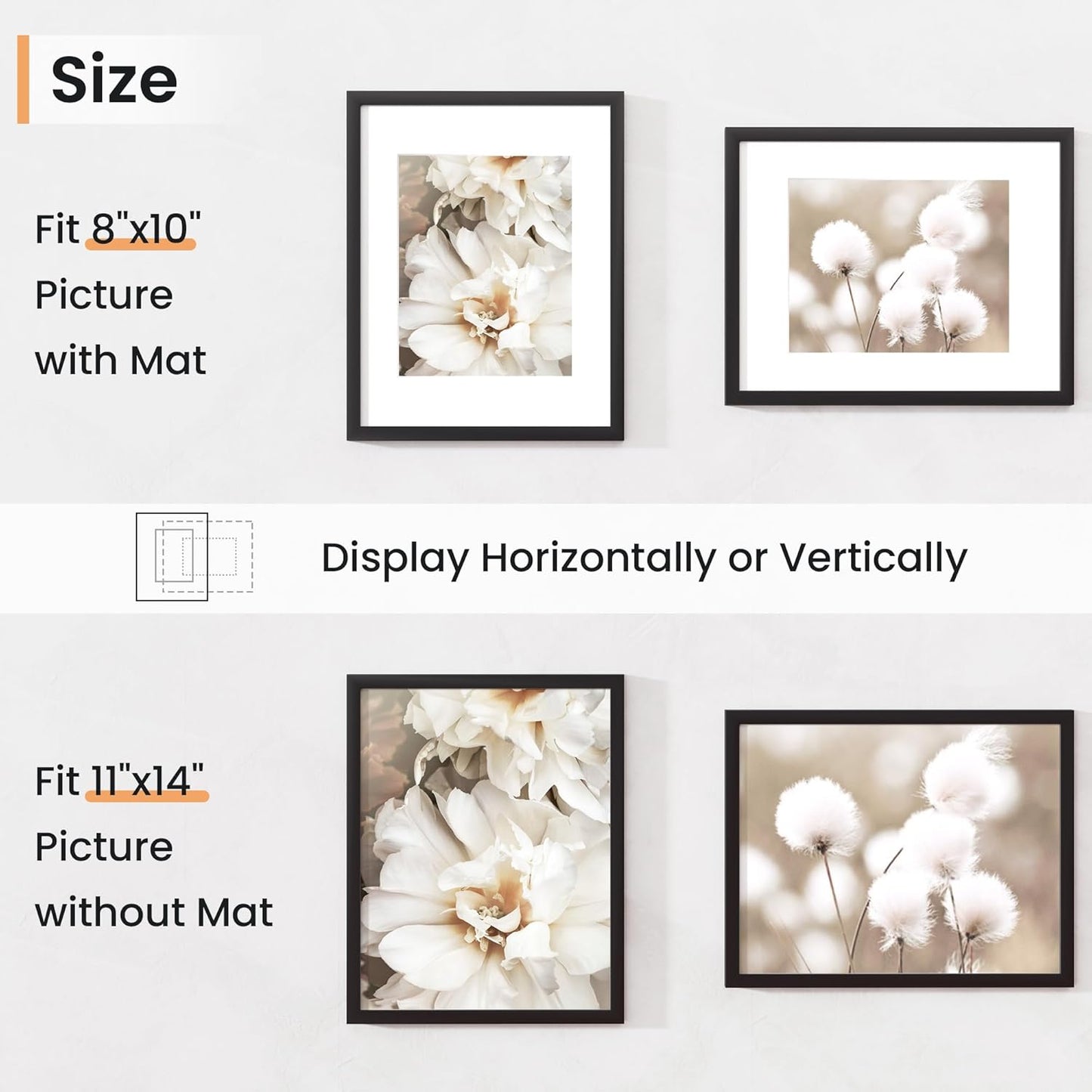 11x14 inch Picture Frame, 11x14 Photo Frames with 8x10 Removable Mat - High Definition Plexiglass - Vertical and Horizontal Display - Wall Hanging Frame - Black, 12 Pack