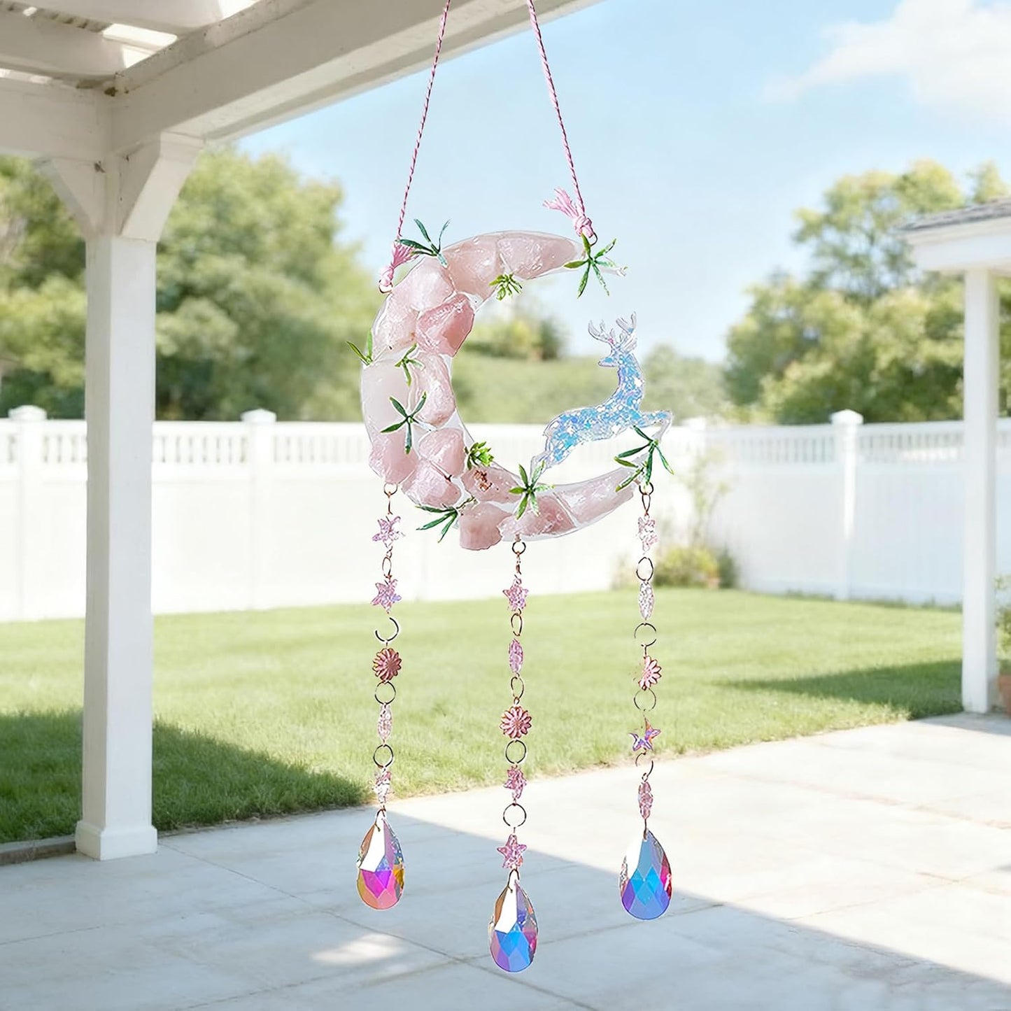 TUOKING Crystal Suncatchers for Window Green Deer Pink Dreamy Crystal Natural Stone Sun Catchers Rainbow Maker Ornament Gift Home Garden Decoration