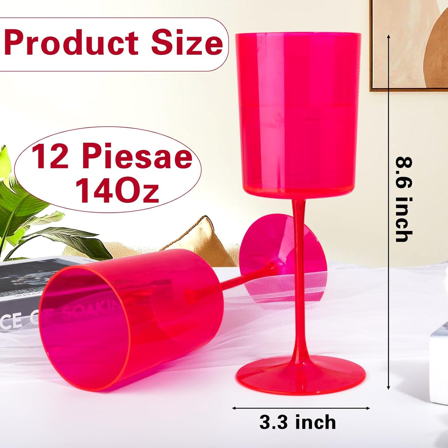 Ciaell 12 Pack Plastic Wine Glasses - 14Oz Hot Pink Plastic Wine Glasses With Stem - Disposable Stemmed Cups for Parties & Weddings