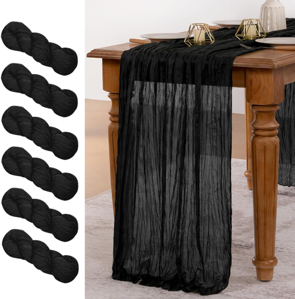 MLMW 6 Pack Halloween Table Runner Cheesecloth Black Boho Gauze Cheese Cloth 160 inch Rustic Sheer Table Runner 13.3ft for Party Wedding Baby Bridal Shower Birthday