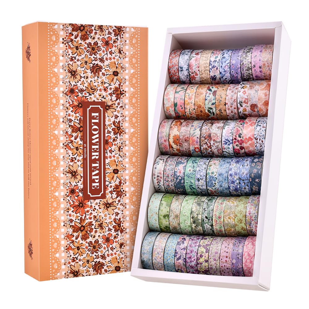 60 Rolls Flowers Theme Washi Tape Set with Different Colorful Patterns, Writable Decorative Tapes for Scrapbooking, Bible Journaling, Bullet Journaling, 0.39'' x 79'' per Roll