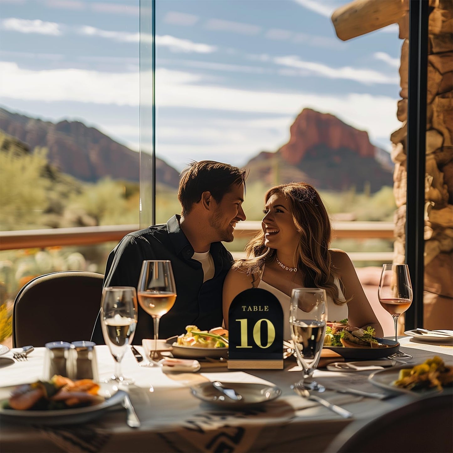 Wedding Table Numbers 1-10, Acrylic Arch Signs with Natural Wood Stands Holders, Rustic Table Decor for Reception & Parties (Black Gold)