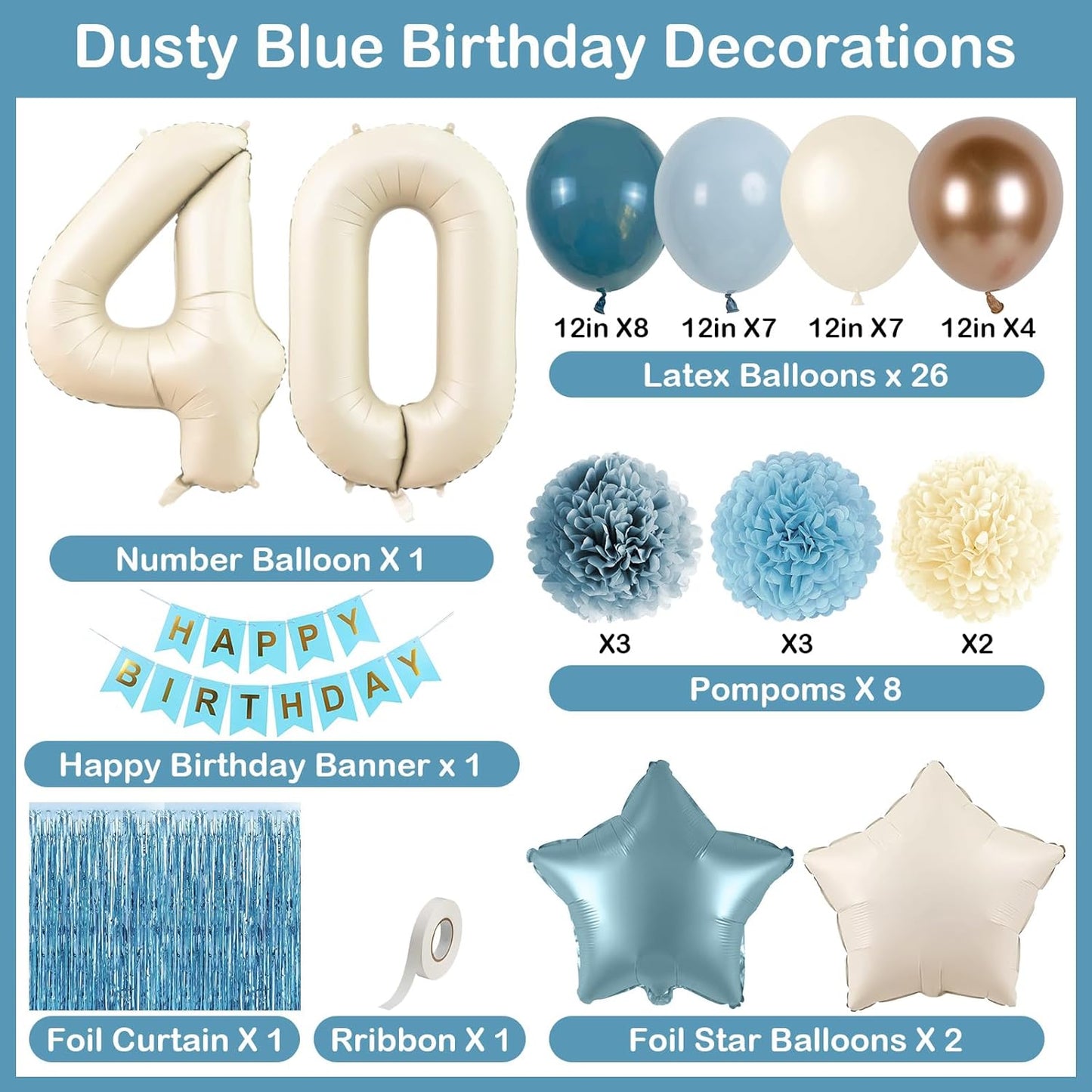 Dusty Blue 40th Birthday Party Decorations for Women Men Beige Cream Number 40 Balloon with Blue Gold Happy Birthday Banner Fringe Curtain Paper Pom Poms Nude White Sand Champagne Star Foil Balloons