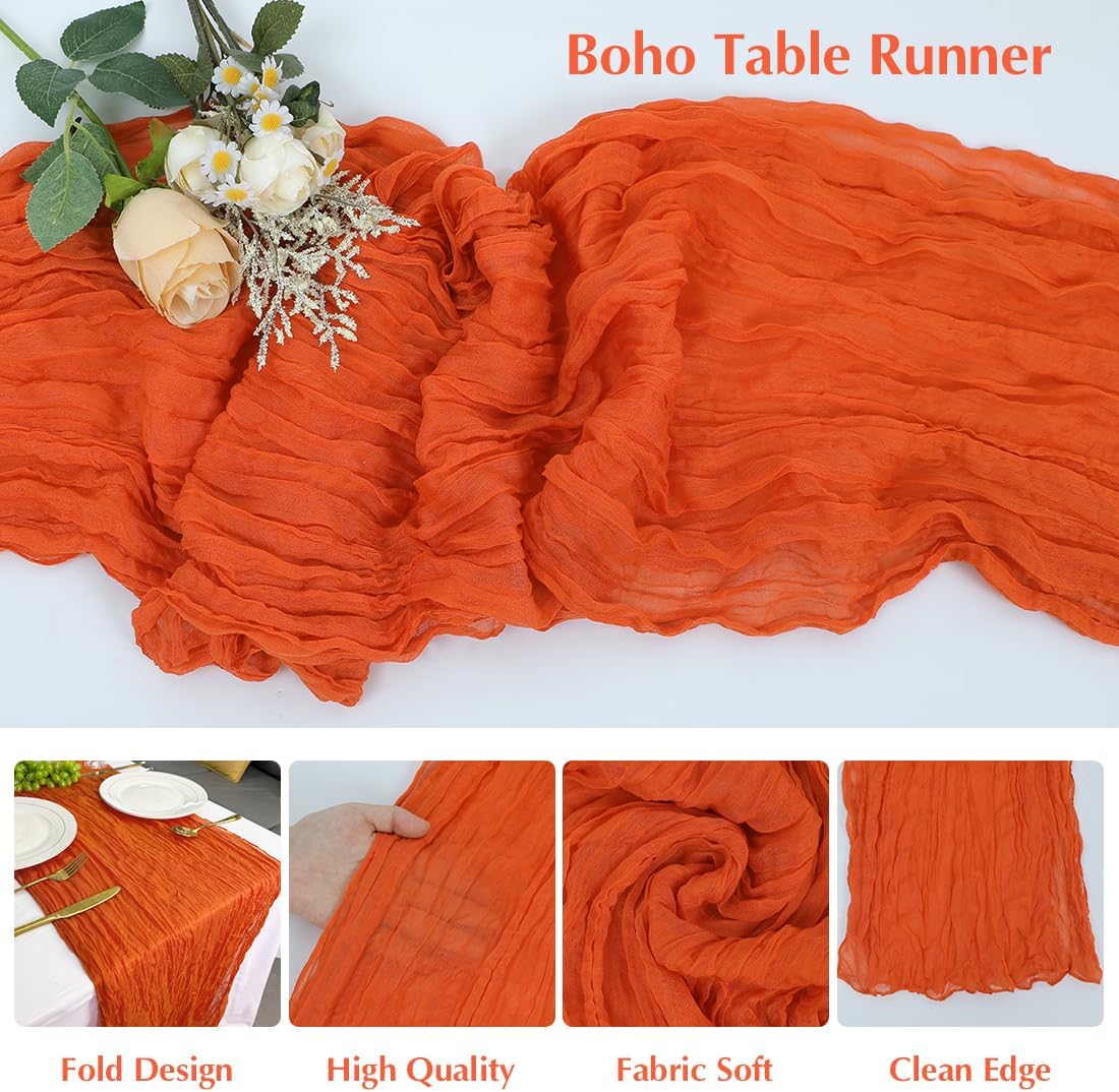 10 Pack Orange Cheesecloth Table Runner -21*120Inch Long Boho Wedding Table Decor, Rustic Gauze Fabric Runner for Bridal Showers, Baby Showers & Parties (Sheer, Lightweight, Wrinkled Design)