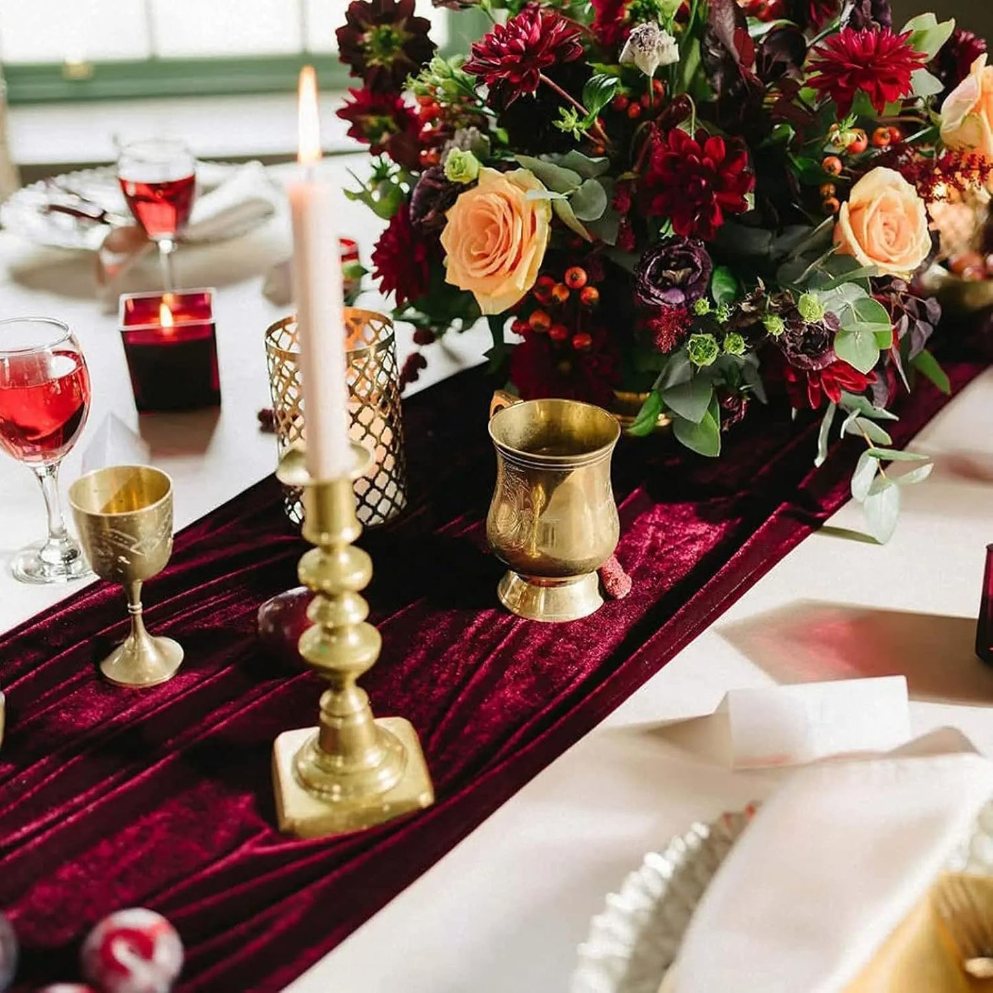 Luxurious Velvet Table Runner, 10ft Wedding Reception Decorations, 20x120inch Soft Velvet Fabric, Table Linen Overlay, Wedding Table Runners (Burgundy, 20X120inch, 5pack)