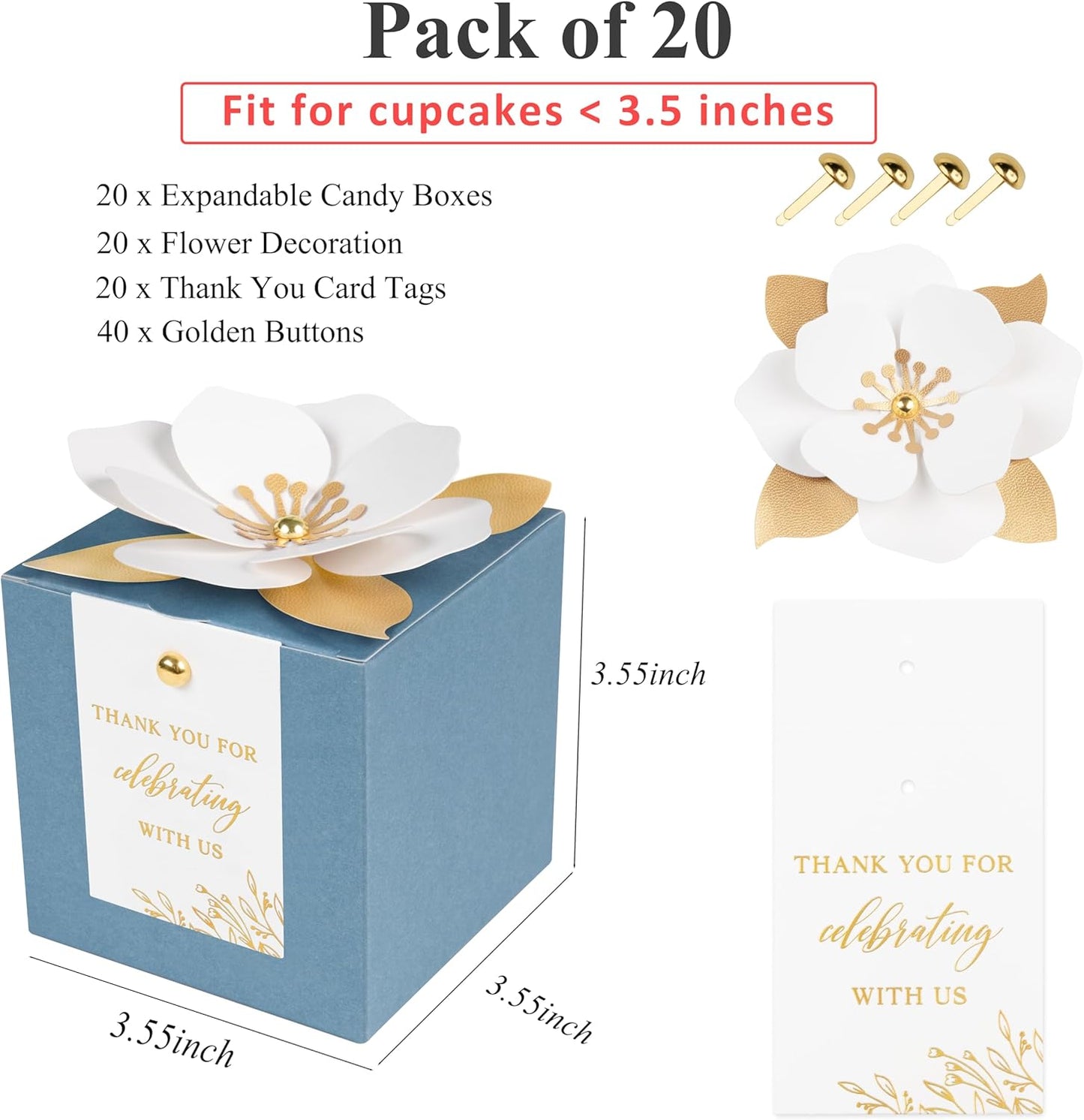FEIYI 20 PCS Dusty Blue Gift Boxes, 3 In 1 Favor Boxes with Floral Decor, White Thank You Tags Cupcake Containers Gift wrapping for Wedding, Baby Shower, Birthday, Decorations Party - 3.55x3.55x3.55