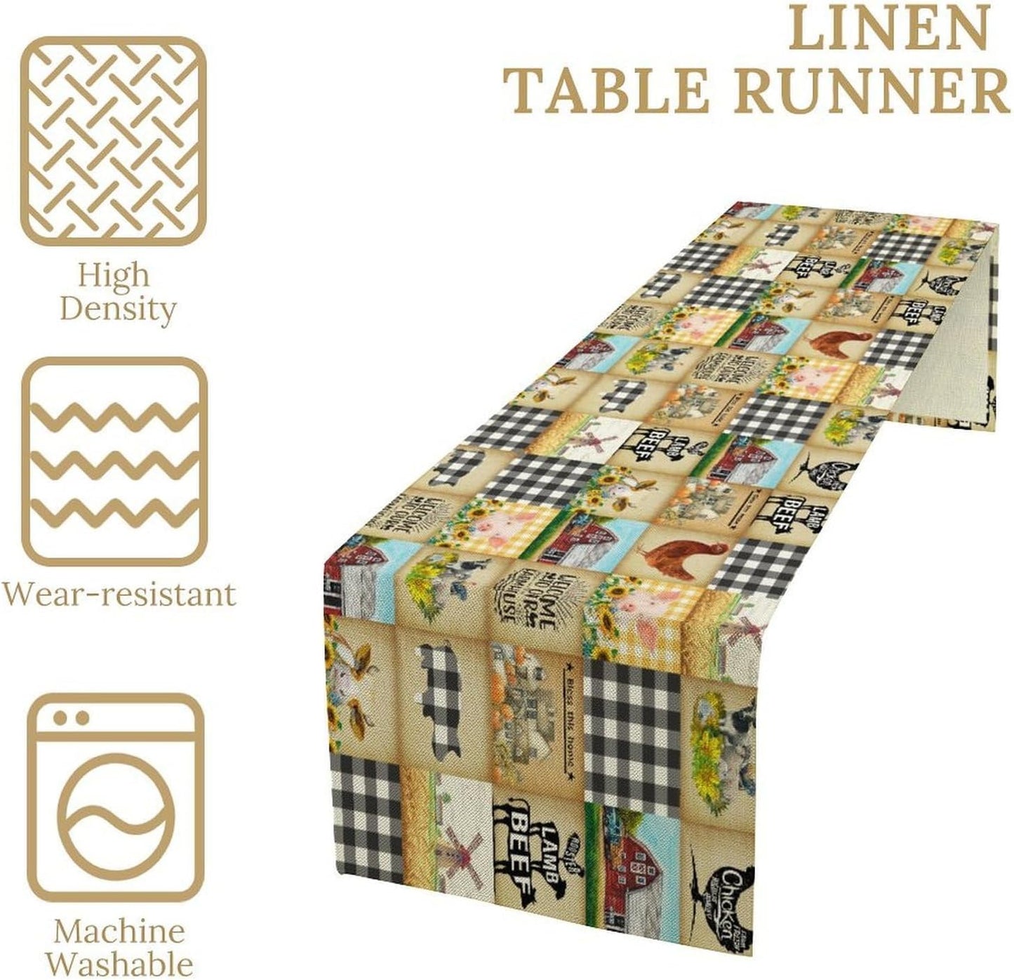 Farmhouse Animals Table Runner,Rustic Cabin Pig Chicken Cow Sunflowers Geometric Grids Burlap for Hotel Indoors Outdoor Dining Room Kitchen Holiday Party, 13x80in