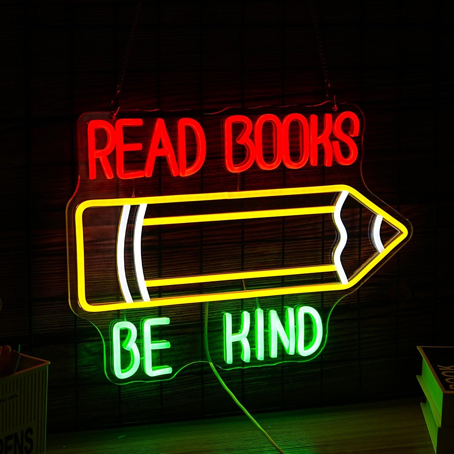Read Books Be Kind Neon Sign Pencil Led Neon Light for Wall Decor USB Powered Be Kind Neon Light Sign Dimmable Read Books Light Up Sign for Classroom Study Room Library Bedroom Bookstore (16.5*12.8In)